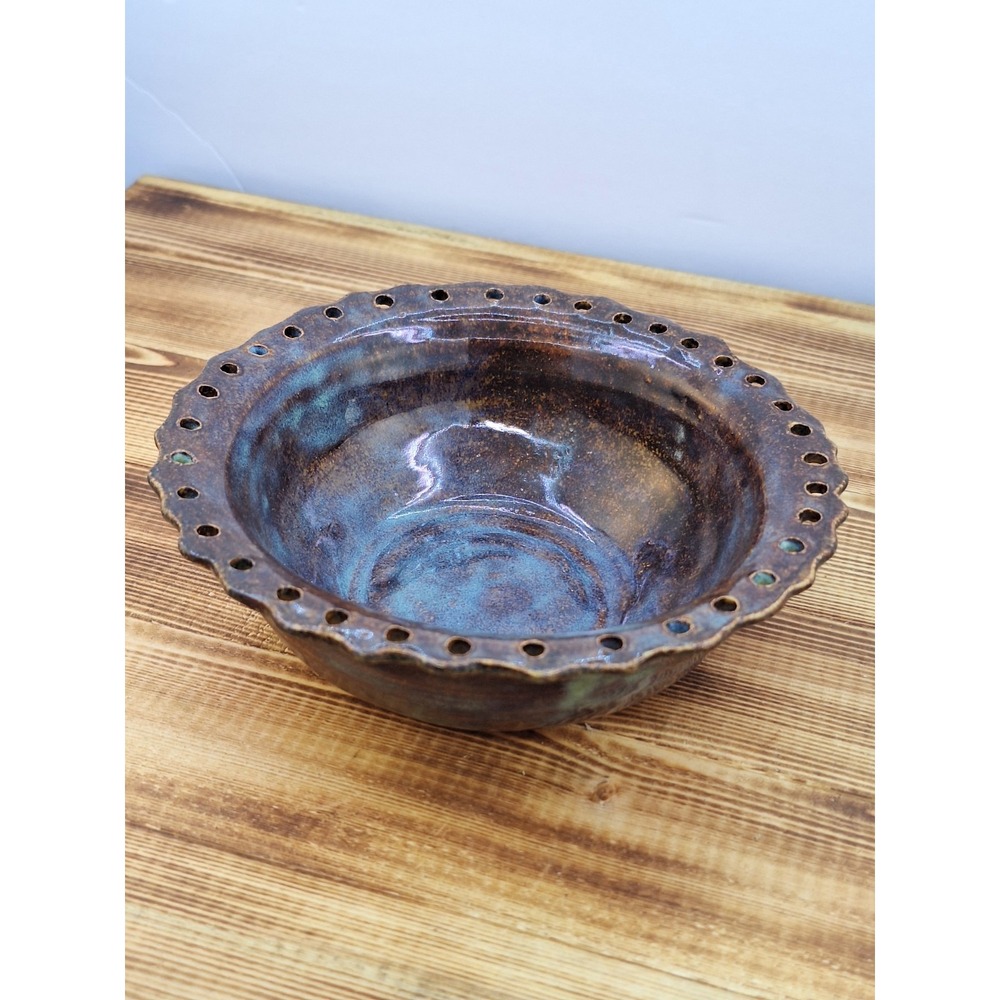 Handcrafted Pottery Bowl Signed Glazed‎ Artisan Reticulated Rim Blue Hue